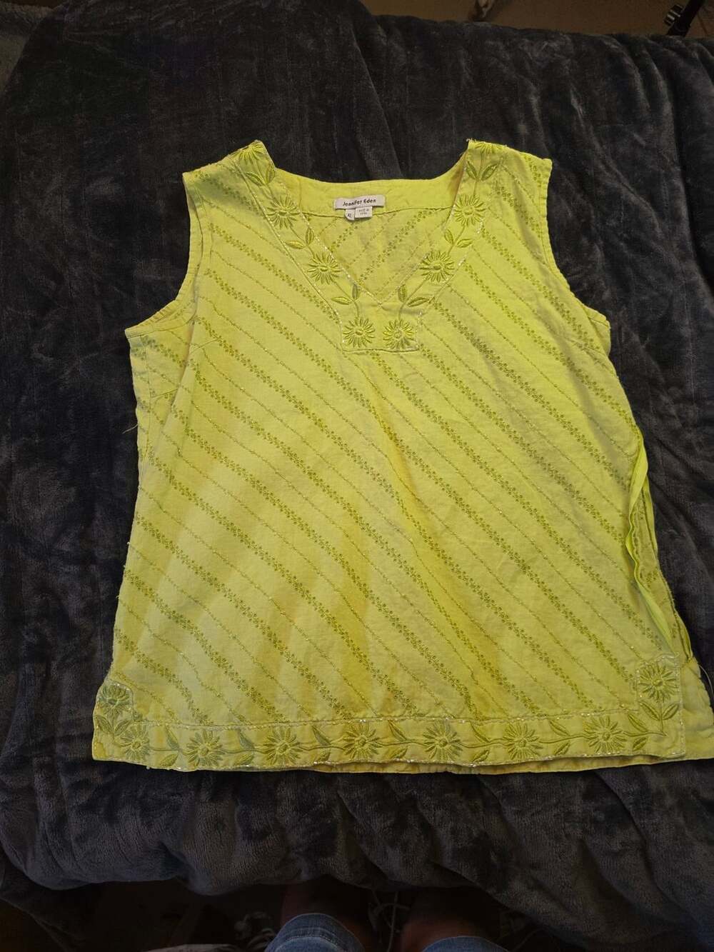Jennifer Eden Lime Green Embroidered and beading all over V-Neck Sleeveless  Top